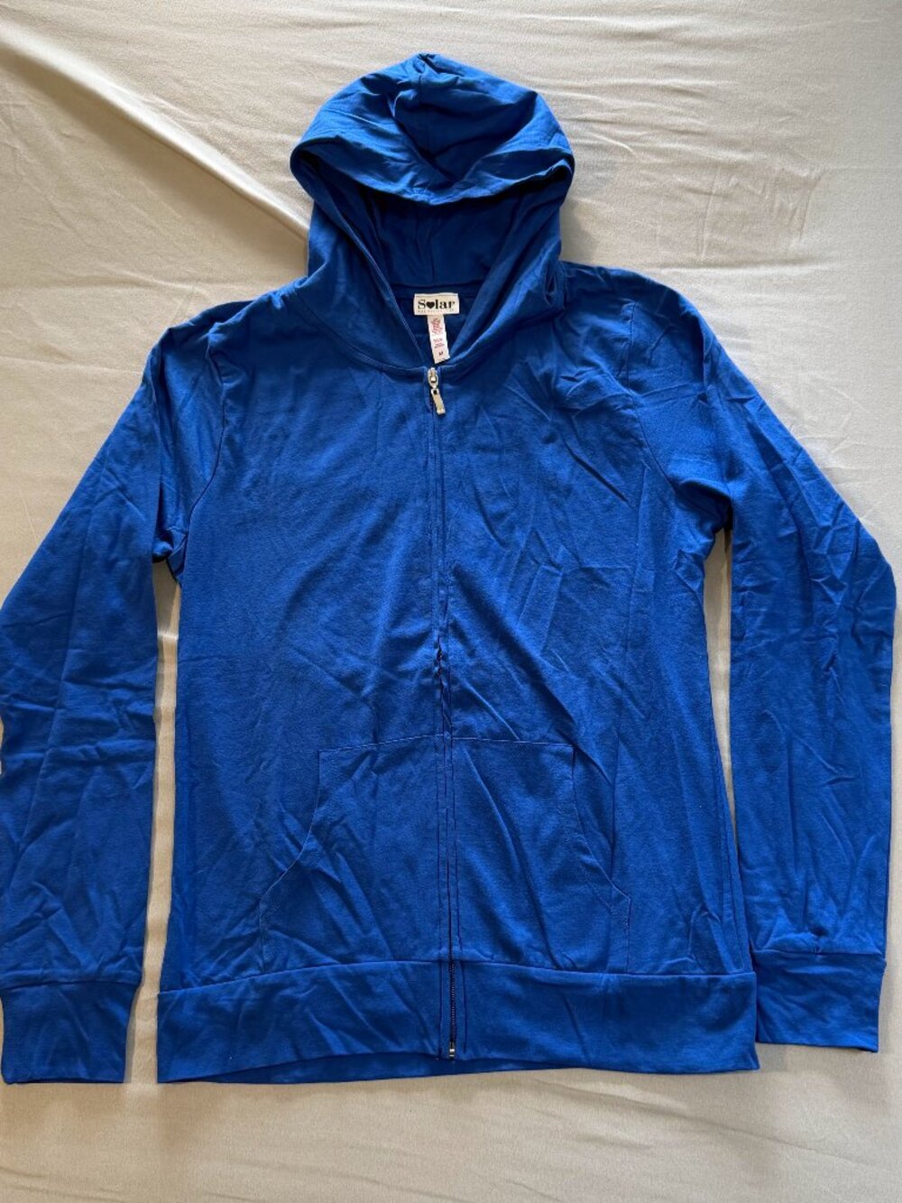Solar Collection Juniors Lightweight Full Zip Hoodie Med Blue NWOT Stitch Flaw